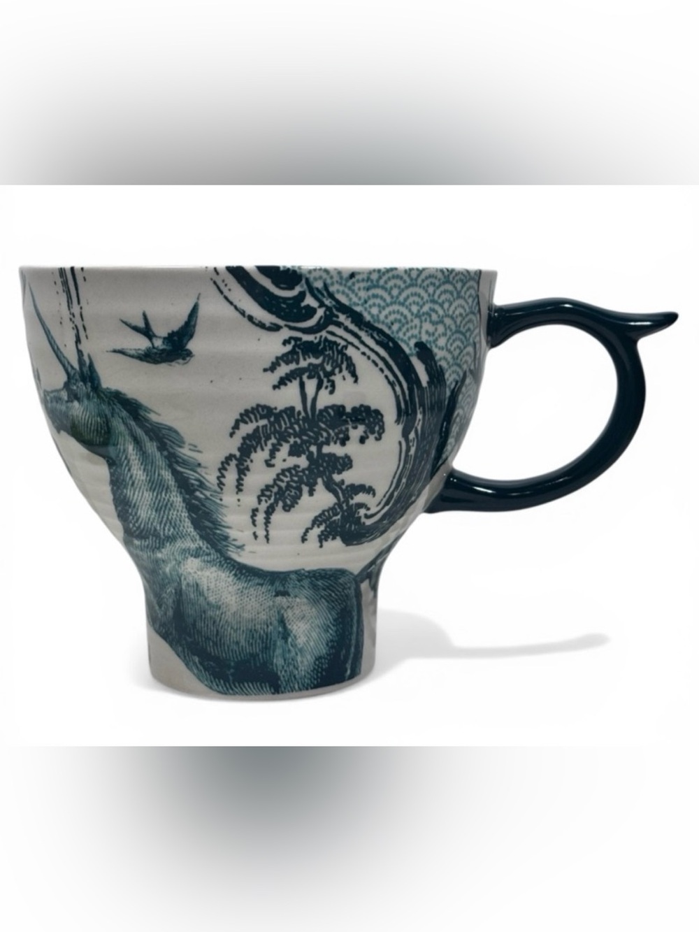 Anthropologie Teal and Cream Scenic Ceramic Mug